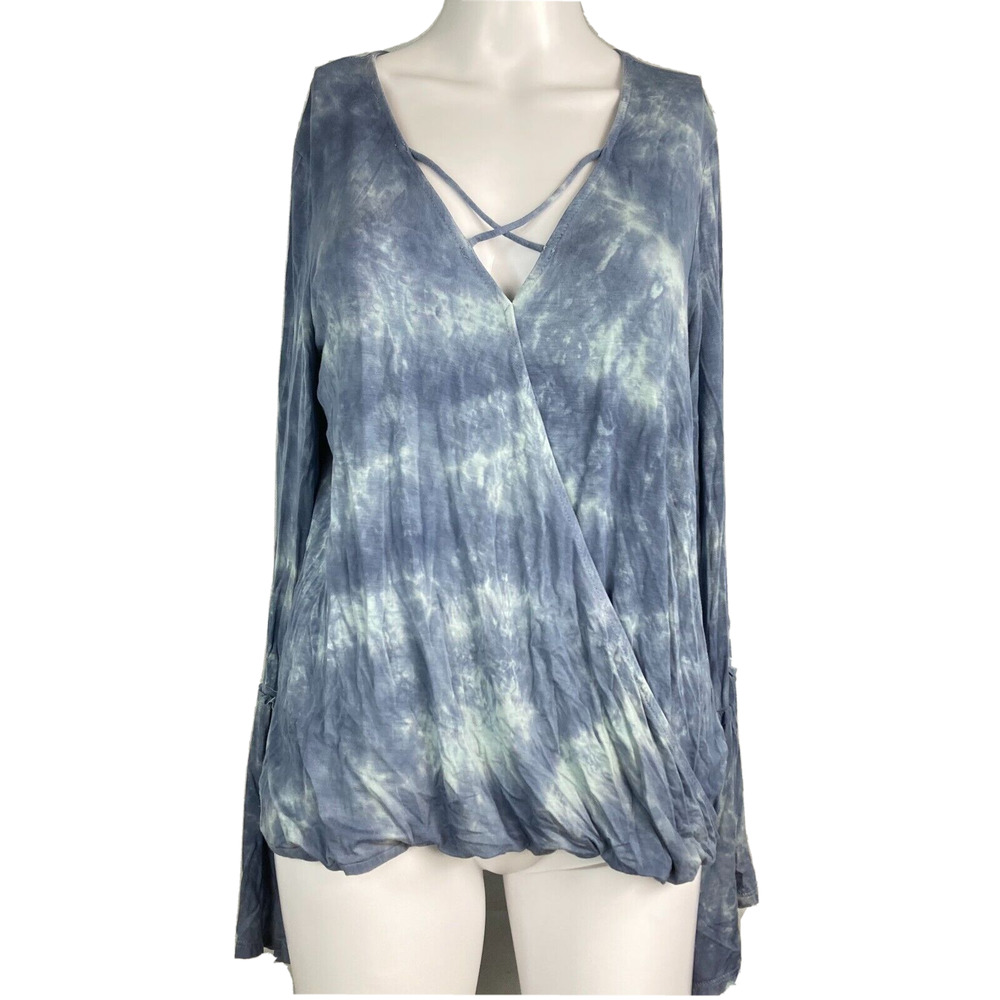 American Eagle T-Shirt Womens Sz M Blue Tie Dye Soft & Sexy Bell Sleeve Surplice